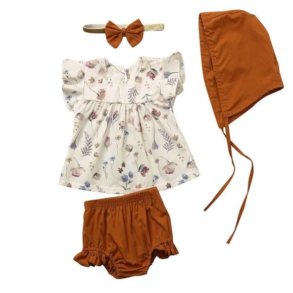 Baby Girl Adorable Fall Photoshoot Romper Blouse Headband and Hat Outfit - Picture 5 of 6